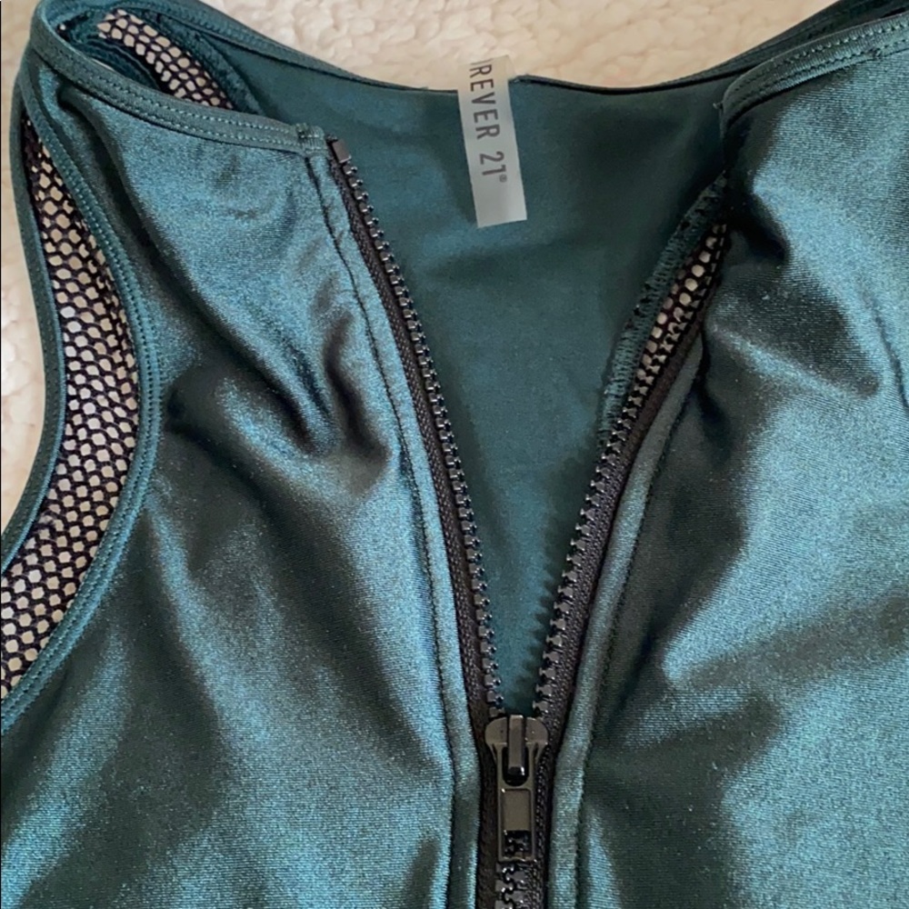 High rise mesh swimsuit olive green zippered swim - Picture 5 of 6